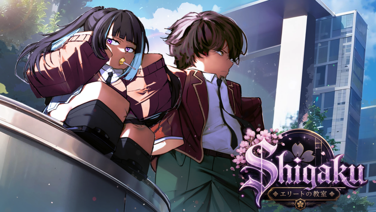 Shigaku key art showing a purple-eyed girl in a maroon school blazer biting a yellow flower while a dark-haired boy in the same uniform looks back, with the Shigaku logo and エリートの教室 tagline over a glass school building and cherry blossoms