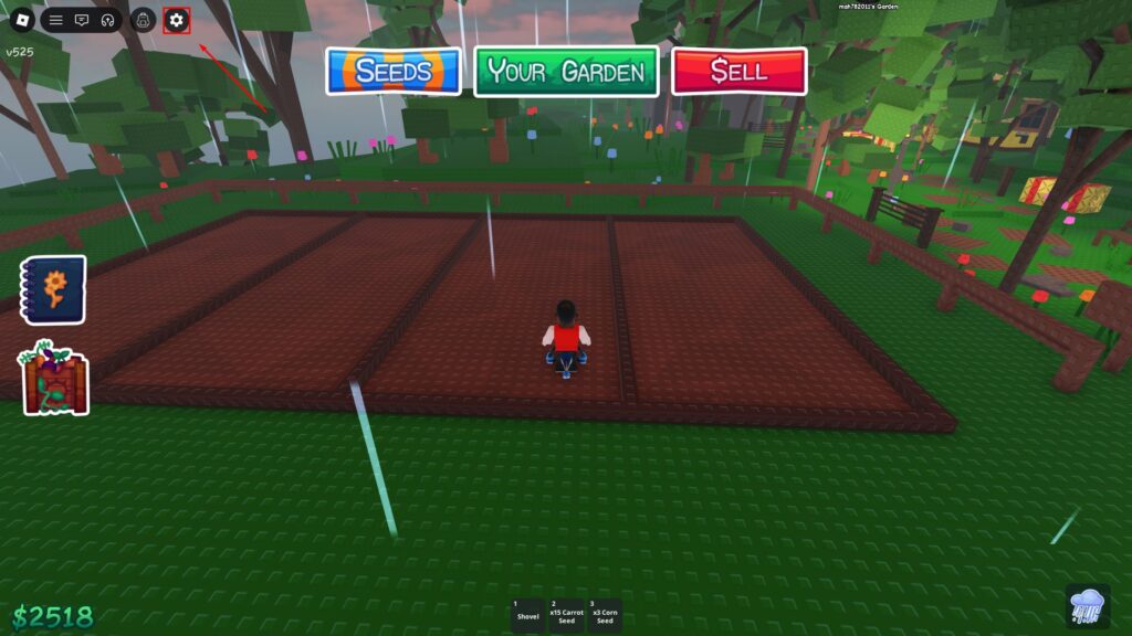 Garden Horizons settings menu showing where to open the in-game code redemption panel