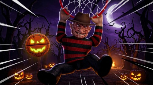 Playground Basketball: a grinning Roblox character in a brown fedora and red-and-black striped sweater hangs two-handed from a red-rimmed hoop with a spiderweb net, against a purple night sky with glowing carved pumpkins, bare trees, a full moon and bats.