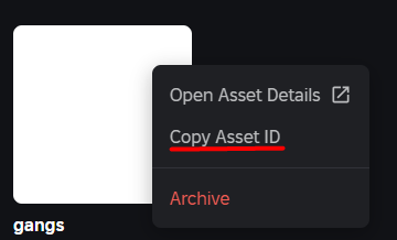 Copy Asset ID action for a Roblox decal before gang setup.