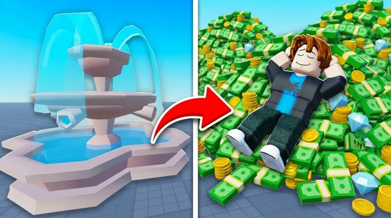 Throw a Coin beginner guide artwork showing the magic fountain and an avatar resting on a pile of cash, coins, and gems