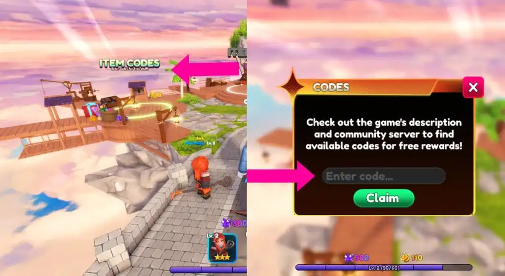 Summon Heroes code redemption area and input panel shown in Roblox lobby