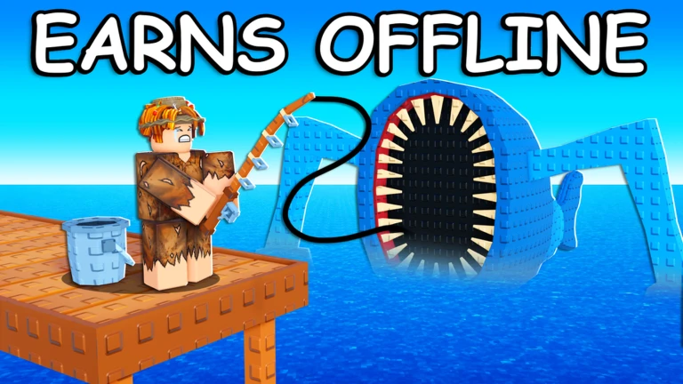 Roll a Fisherman promo art captioned EARNS OFFLINE: a lone blocky fisherman in a brown shirt holds a rod on a wooden dock beside a light-blue bucket while a huge blue blocky toothy fish head breaches out of the water