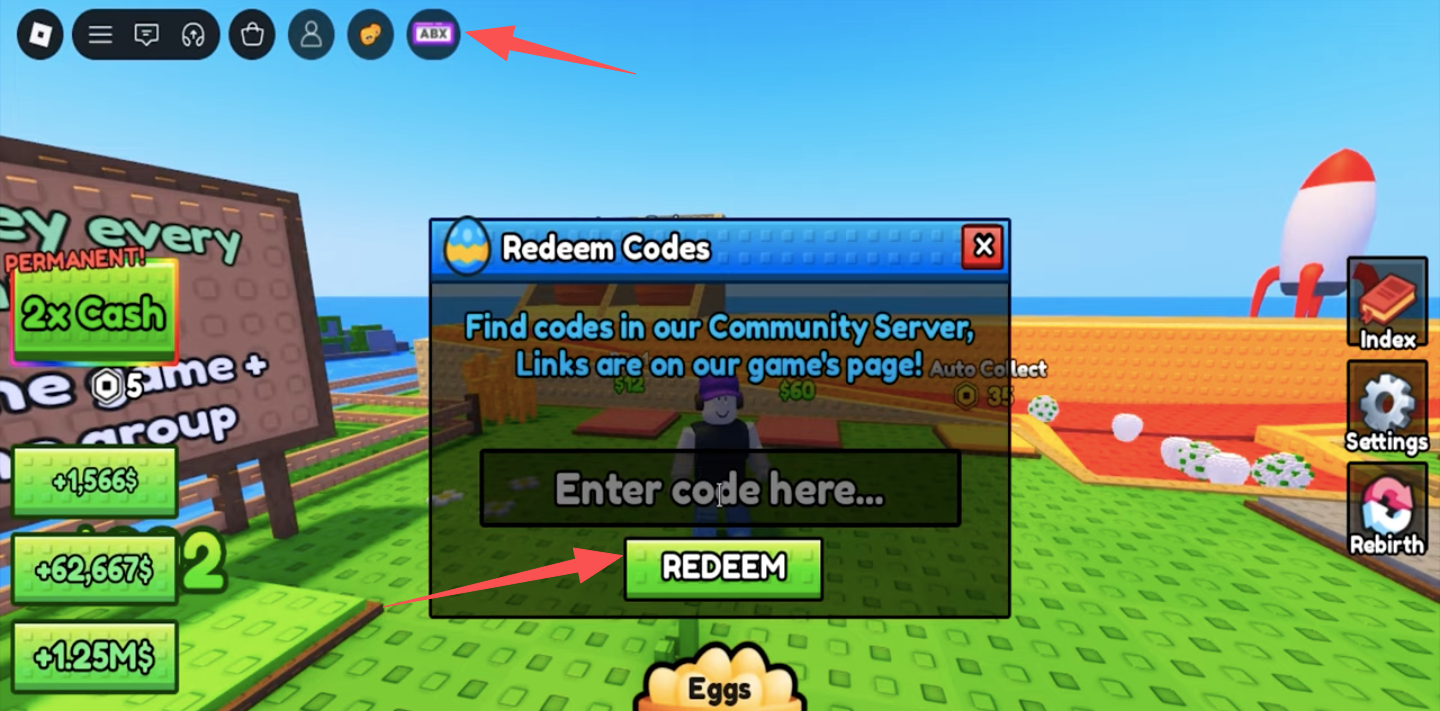 Chicken Farm code redemption interface showing the codes button in the top-left corner and the code input field