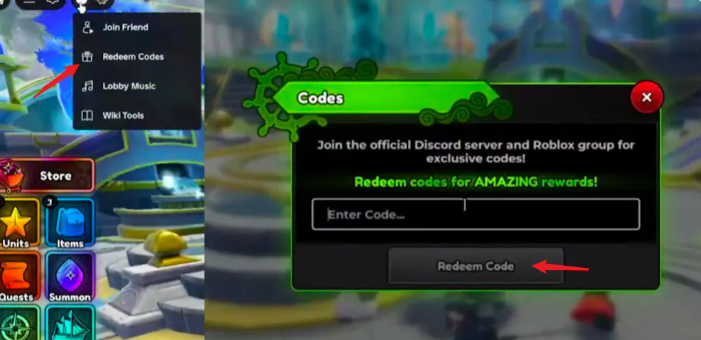 Anime Expeditions redeem codes screen showing the Enter Code text box and Redeem Code button in the in-game menu