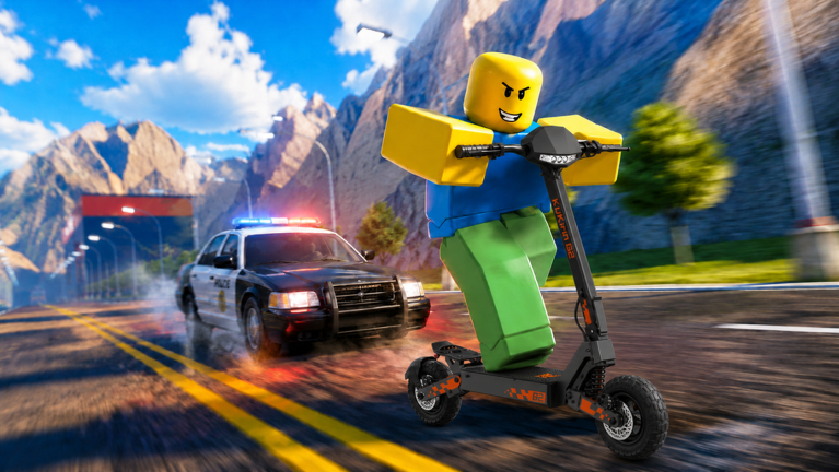 Roblox avatar with a yellow head, blue torso and green legs pulling a wheelie on a black and orange Kukirin scooter while a police car gives chase in Drive A Kukirin