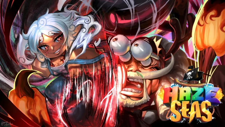 Haze Seas official hero artwork showing pirate ships and Devil Fruit users in combat