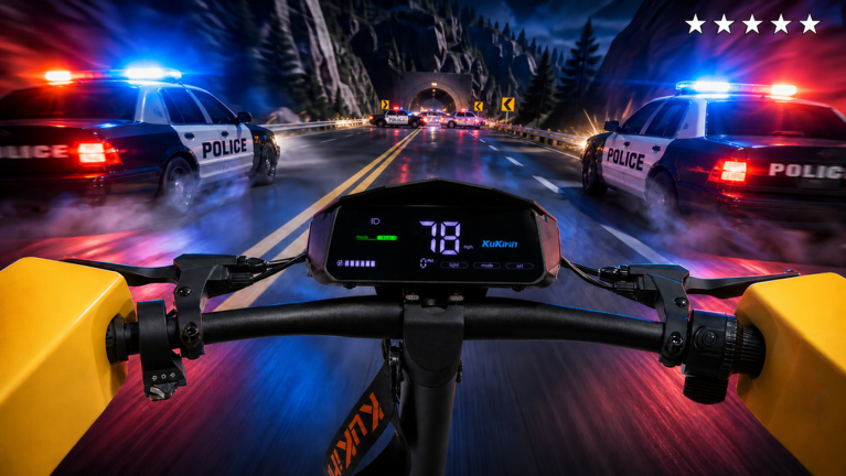 First-person view from a Kukirin scooter handlebar at night in Drive A Kukirin, flanked by two police cars with red and blue light bars while the dash display reads 78