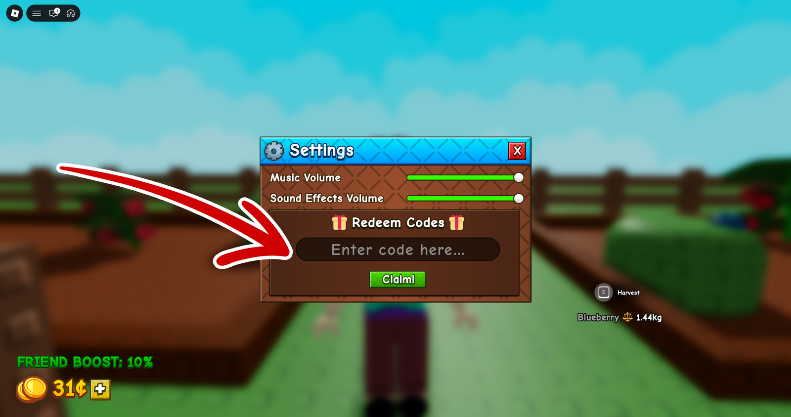 Grow a Garden 2 code redemption box inside the Settings menu