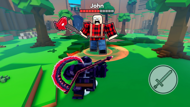 Pixel Blade boss encounter in the Grasslands: the player's dark armoured character with a red and black glowing scythe lunges toward a blocky pixel-art lumberjack boss labelled John, whose health bar spans the top of the screen above a green voxel forest