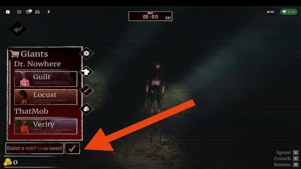 Lurking Giants Roblox Shop Codes tab showing the SORRYFORDELAY code entry field for free Coins