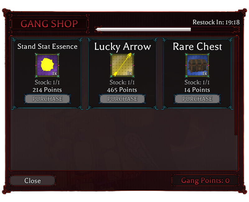 Gang Shop inventory panel in Bizarre Lineage with Gang Point purchases.