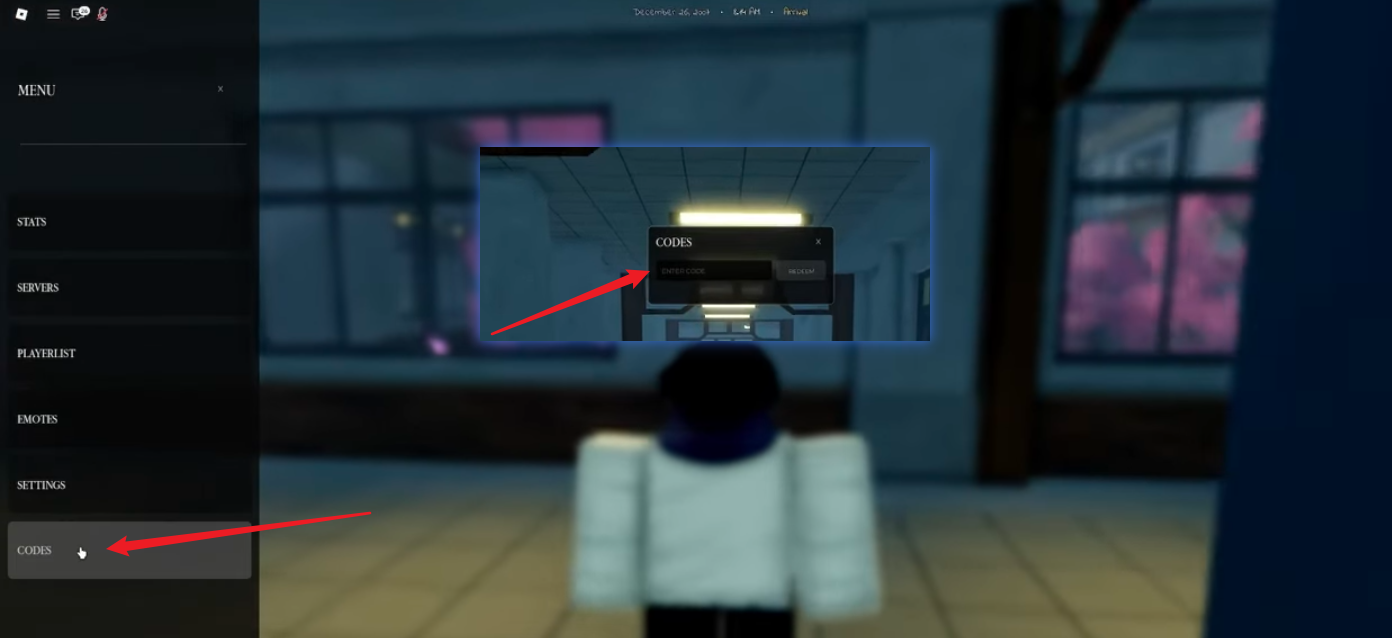 Roblox Gakuran codes redemption screen showing the Codes button in the left-side menu