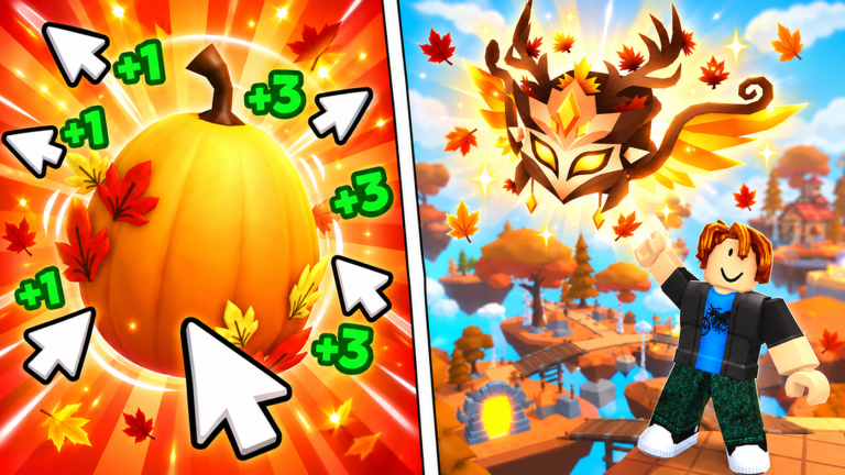 Two-panel Tap Simulator Reborn Halloween banner: on the left a large orange pumpkin ringed by white cursor arrows and green +1 and +3 tap counters over a red burst, and on the right a Roblox character on an autumn floating island raising a hand toward a glowing antlered golden mask.