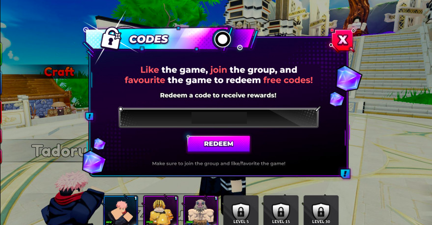Anime Overseer codes redemption screen showing the in-game Codes button and text box where players enter working Roblox promo codes
