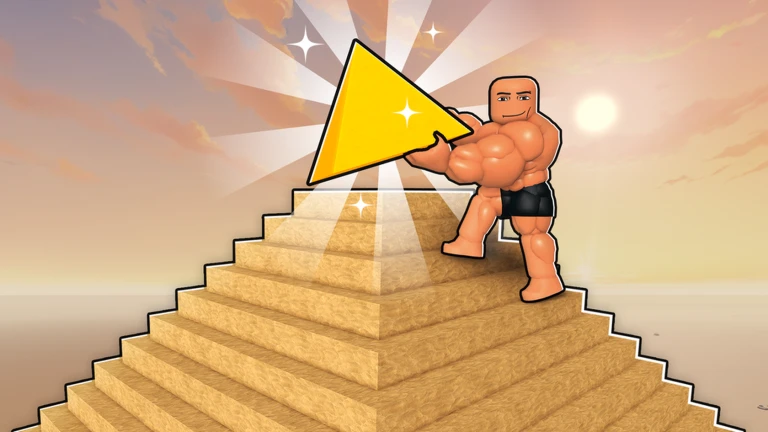 Build the Pyramid! key art of a muscular orange Roblox character flexing on top of a stepped pyramid of brown blocks in a sunset desert while holding a yellow arrow skyward