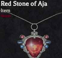 Red Stone of Aja secret item icon in Bizarre Lineage with skin chance and conjuration boosts.