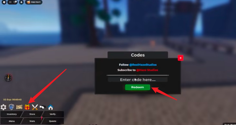 Haze Seas code redemption screen showing the Menu button, Gift icon, Enter Code field, and Redeem button