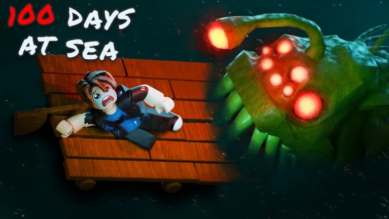 100 Days At Sea official Roblox game thumbnail showing ocean survival raft scene