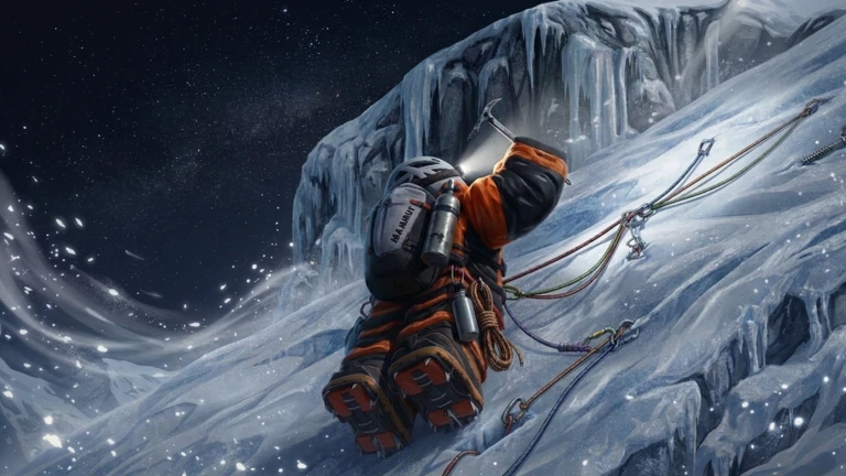 K2 Climbing Simulation promotional artwork showing a mountaineer climbing a snowy K2 peak with ice axe and oxygen gear