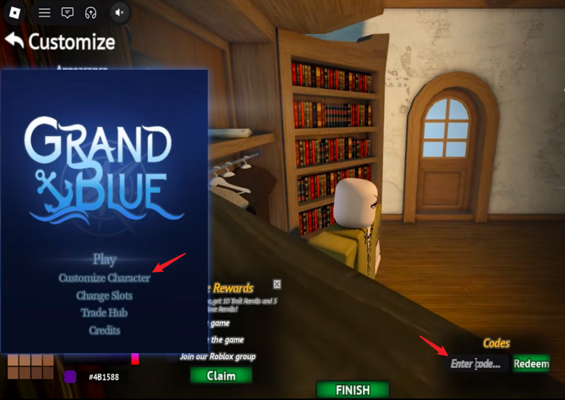 Grand Blue code redemption screen: the Customize Character window on the title screen with the Enter code field and Redeem button