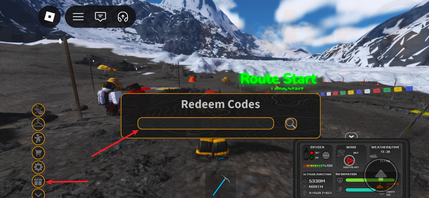 K2 Climbing Simulation redeem codes interface with gift box icon and code entry box highlighted by red arrows