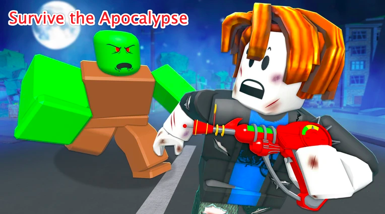 Survive the Apocalypse Roblox game banner showing a fortified base at night with zombies approaching