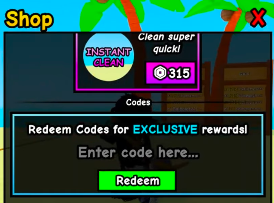 Dig & Clean code redemption screen showing the Shop menu on the left, the Enter code here text field at the bottom, and the Redeem button
