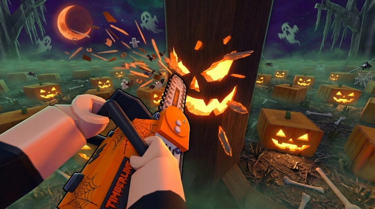 Chop A Forest Halloween thumbnail: two white blocky hands in first person pressing an orange cobwebbed chainsaw into a thick trunk carved with a glowing jack-o-lantern face, with wood chips flying, pumpkin stumps, floating ghosts and an orange moon behind