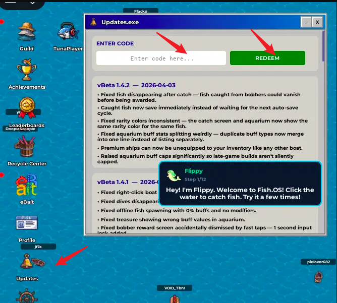 FISH.OS code redemption guide showing the Updates panel with the Enter Code tab highlighted, where players type their promo code into the text field