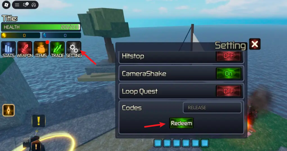 How to redeem codes in Broken Blade Roblox - Settings menu codes redemption screen showing the text box and redeem button