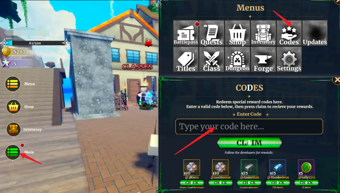 Dungeon Lootr code redemption flow: open More on the left-side menu rail, tap the Codes icon in the Menus panel, then type the code into the entry field and press the green CLAIM button.