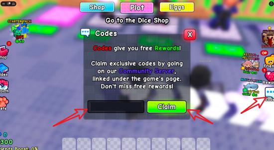 Spin a Femboy codes redemption screen showing the Codes button and claim input