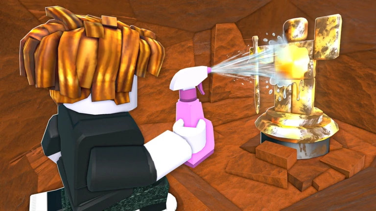 Dig & Clean promotional artwork showing a Roblox character digging up and cleaning buried treasure on a beach