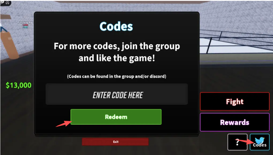 Coach a Fighter code redemption screen showing the Codes button at the bottom-right and the text field where players paste Update2!, 1MVISITS!, and 2MVISITS!