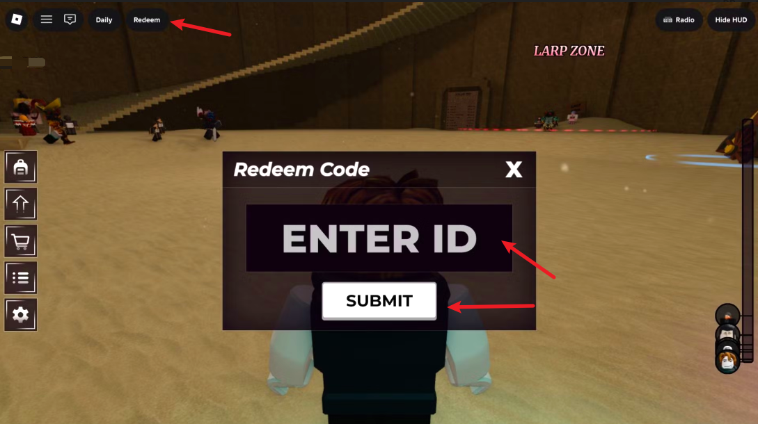 How to redeem Re Aura codes in Roblox — click the Redeem button in the top-left corner of the screen to open the code entry window