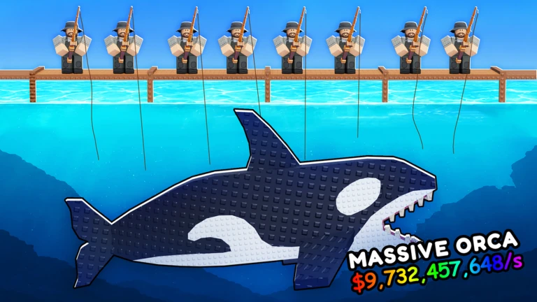 Roll a Fisherman official Roblox key art: eight blocky fishermen in hats line a wooden dock with their lines in the water, above a large blocky black-and-white orca captioned MASSIVE ORCA and $9,732,457,648/s