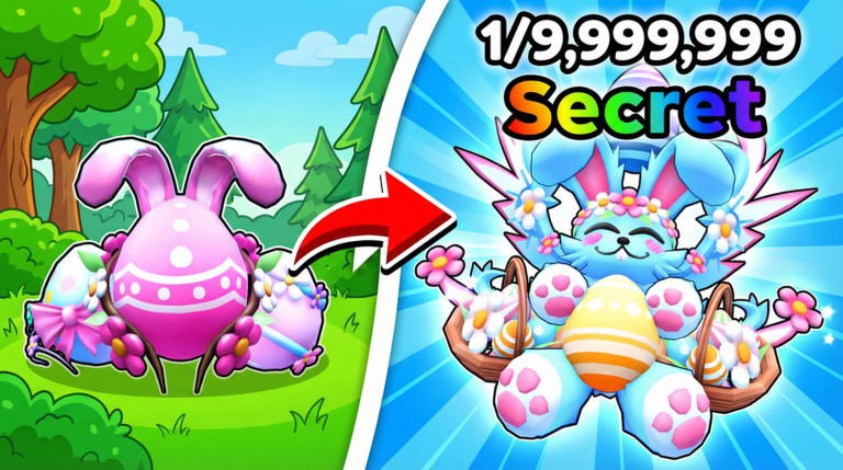 Legacy Tap Simulator key art in two panels: pastel bunny-shaped eggs with flower crowns on a green tree-lined field, and to the right a blue-and-green Easter bunny holding a basket of flower eggs beside a large decorated egg under the text 1/9,999,999 Secret