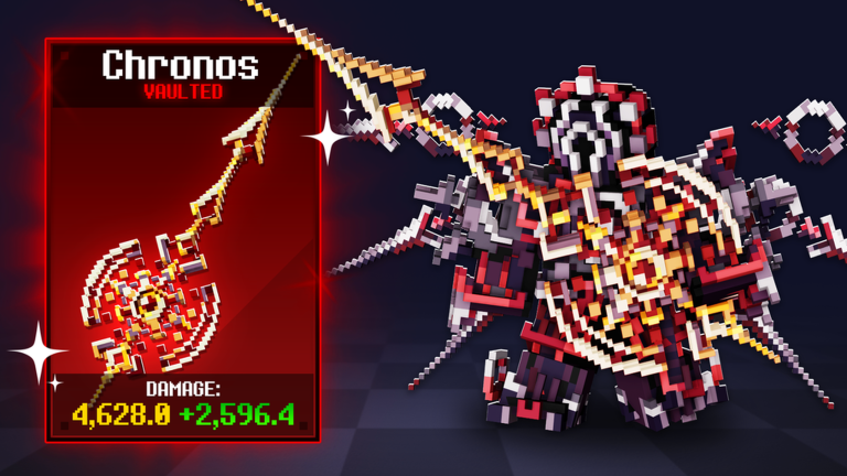 Pixel Blade Chronos VAULTED weapon card on the left showing a golden pixel-art clockwork polearm with a toothed gear disc and a long blade, with the in-image damage line 4,628.0 +2,596.4, beside a blocky white, red and charcoal clockwork boss whose body is built from concentric gear rings