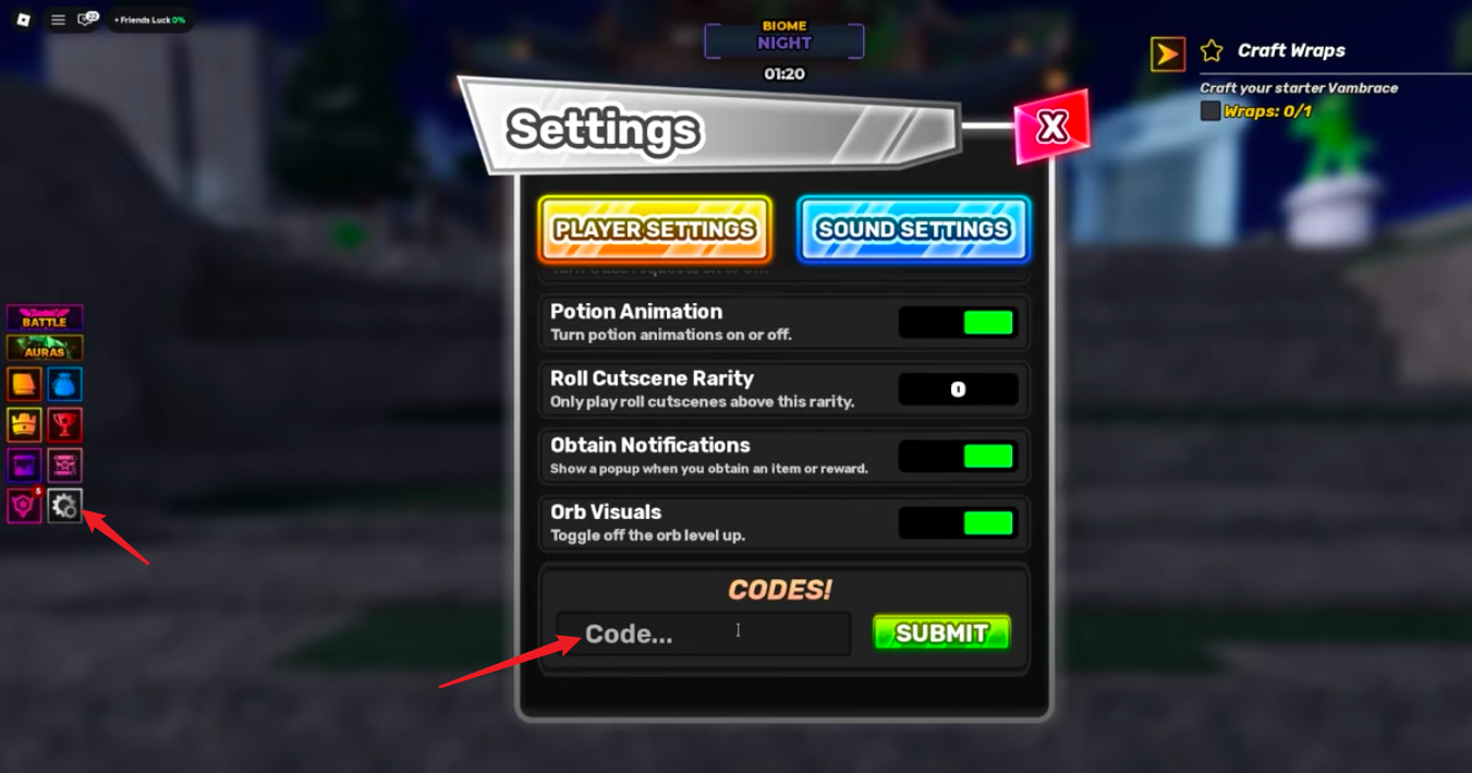 Unscathed code redemption screen showing the Settings menu code input box and SUBMIT button