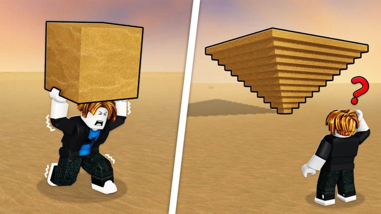 Two-panel art of a Roblox character hauling a brown cube across the desert and then looking up at a giant pyramid with a red question mark