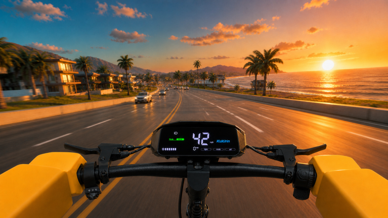 First-person view from the handlebars of a Kukirin scooter riding a palm-lined coastal highway at sunset in Drive A Kukirin, with the dash display reading 42 above a green battery bar