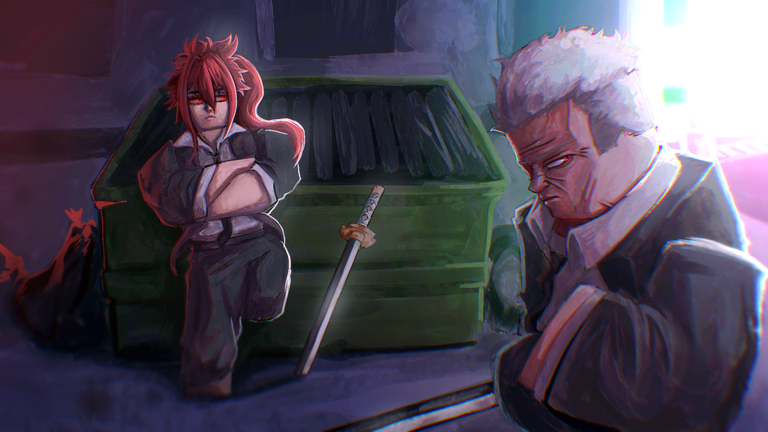 Official Kabuki Roblox artwork showing a red-haired fighter leaning on a green dumpster with a katana planted beside it, while a grey-haired man in a pale-collared jacket turns away under pink and blue neon light
