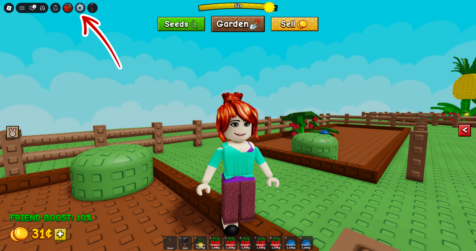 Grow a Garden 2 settings menu showing the cog icon in the top-left corner