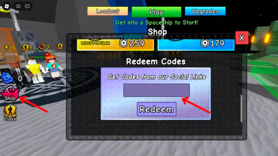 Survive Zombie Arena code redemption panel in the Shop menu, showing the code input field where players type promo codes to claim free Credits