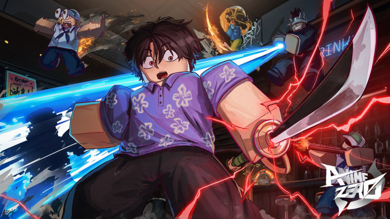 Anime Zero official Roblox key art: a dark-haired fighter in a purple floral shirt swings a curved blade trailing red lightning through a blue energy beam inside a bar, with other anime characters and the Anime Zero logo behind him