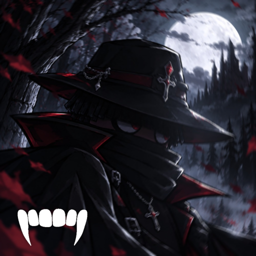 Vampire Life key art: an anime vampire in a wide black hat with a silver cross pin and a high-collared cape, red eyes glowing under the brim, against a full moon, dead trees and a distant castle with red leaves falling and a white fangs logo in the lower left
