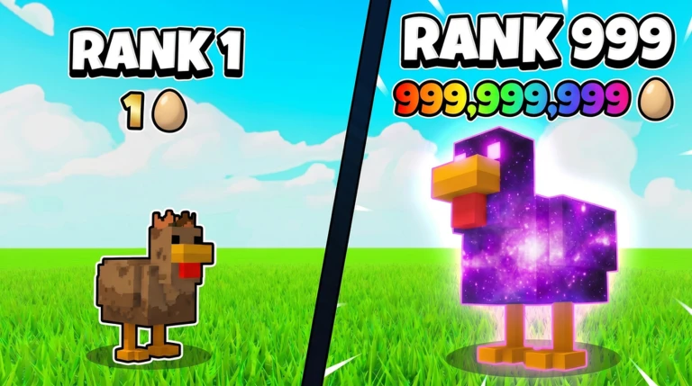 Chicken Farm Roblox thumbnail showing chickens and eggs on a farm
