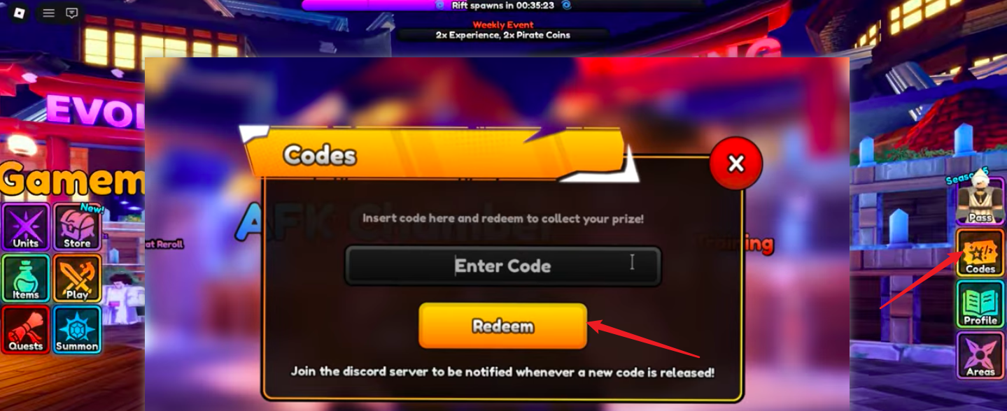 How to redeem Anime Final Strike codes — click the Codes button on the right side of the lobby, type a working code into the Enter Code field, and press the Redeem button